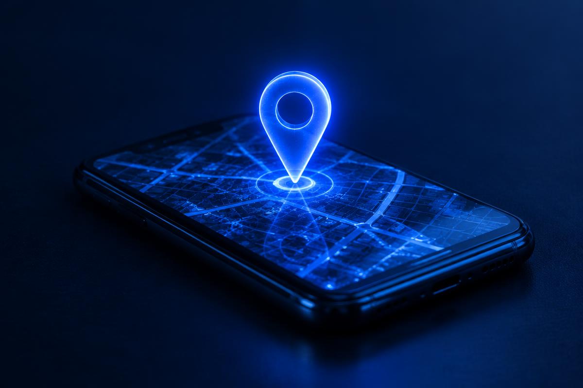 Smartphone com marcador de localização sobre mapa digital