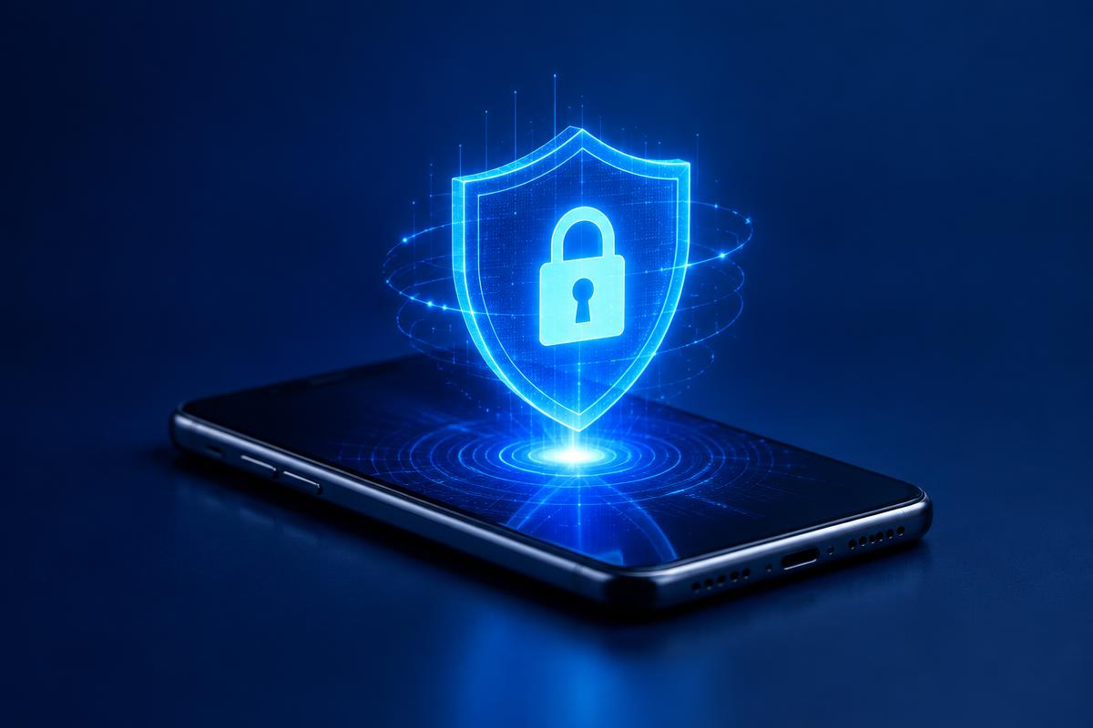Smartphone com escudo e cadeado de proteção