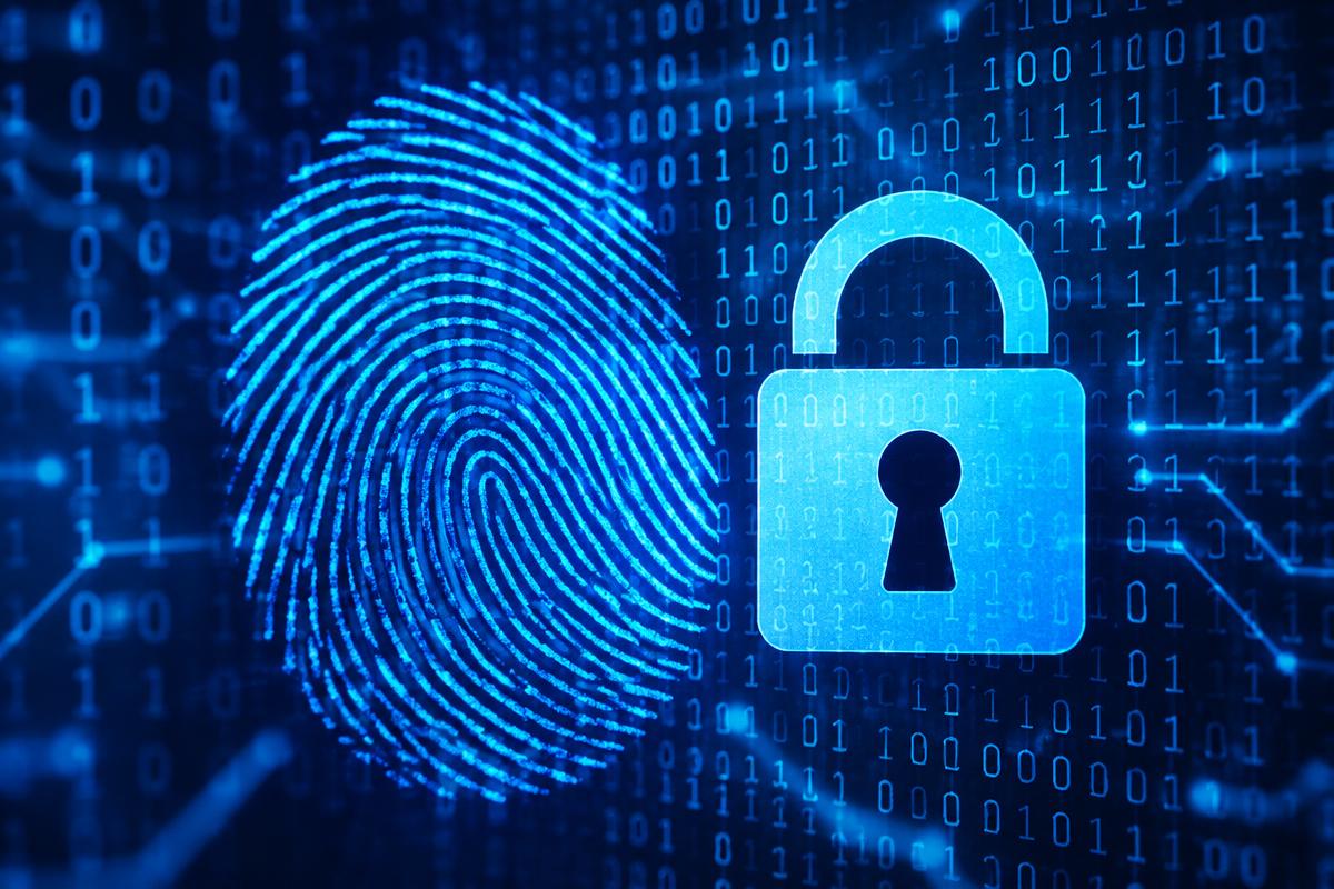 Impressão digital e cadeado sobre código digital azul